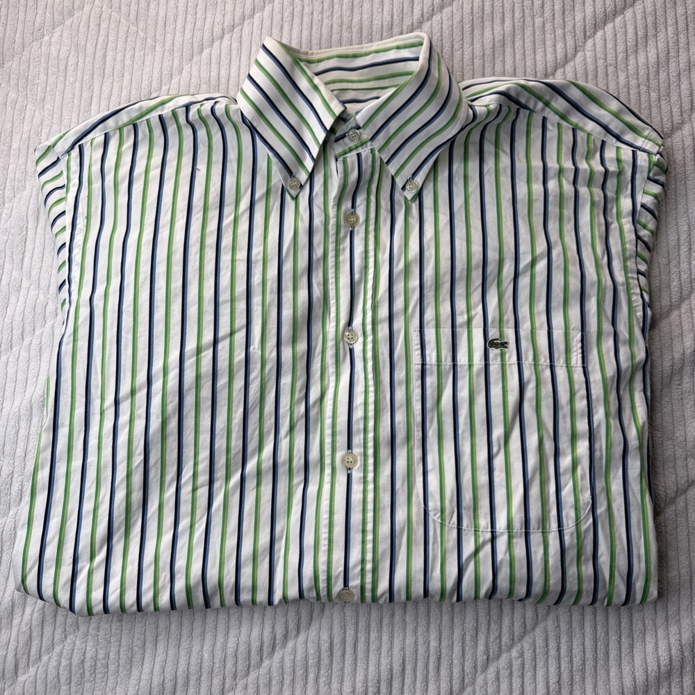 Lacoste Shirt  Short Sleeve Mens 42 Large Green Stripes Button Up Preppy Y2k